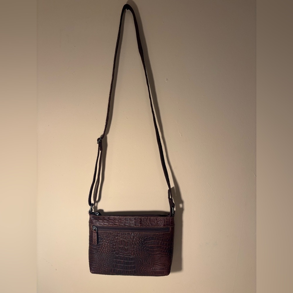 Jack George Brown Hand-Stained Buffalo Leather With Hornback Croco Embross bag.